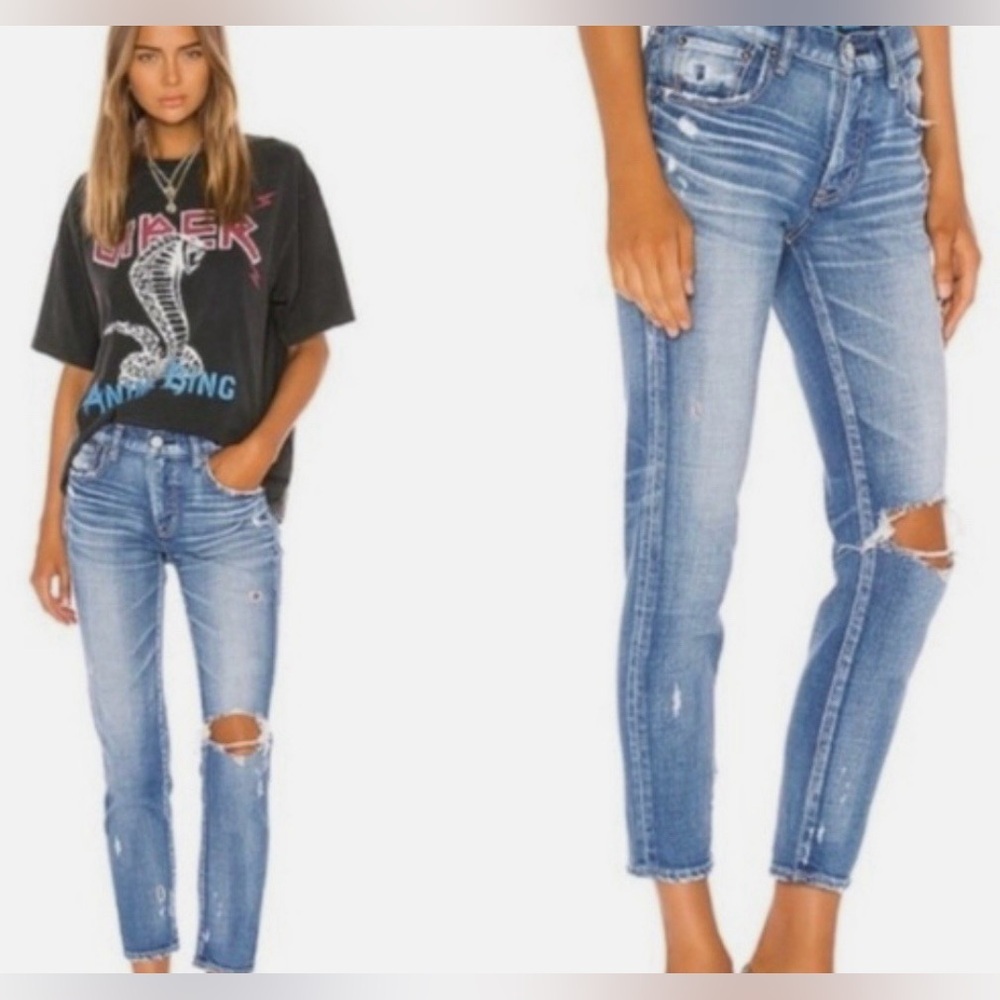 Moussy Vintage Helendale Mid Rise Skinny Jeans in  Classic Distressed Blue💙